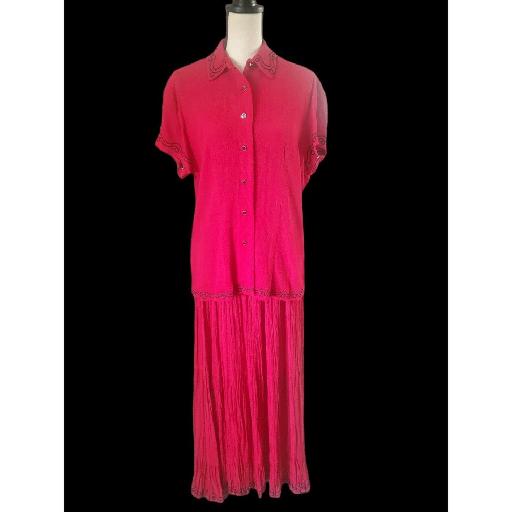 Vintage Lucia Lukken Red Embroidered Broom Skirt Set Top & Skirt Sz L